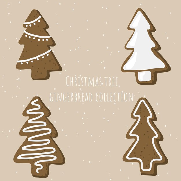 Christmas tree gingerbread collection with snowfalls on the background