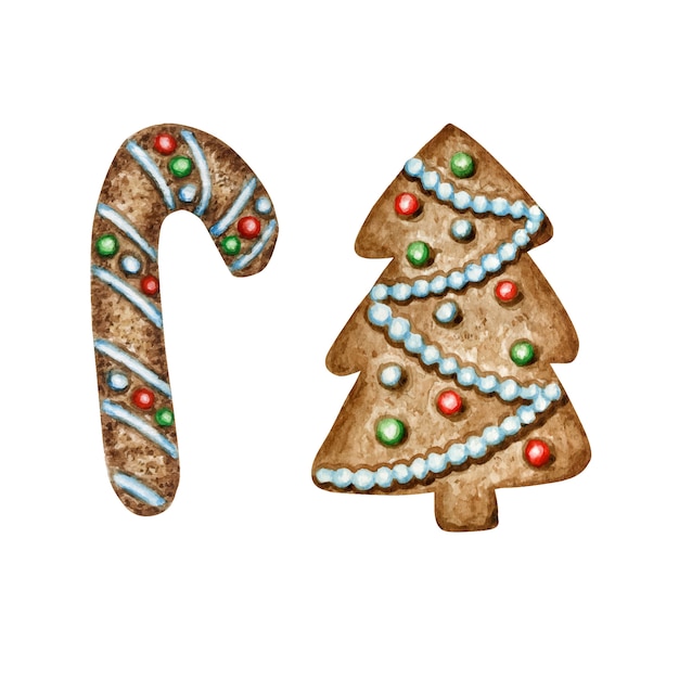 クリスマスツリージンジャーブレッドクッキーセット、冬休みの甘い食べ物。水彩イラスト。クリスマスプレゼントや木の飾り。