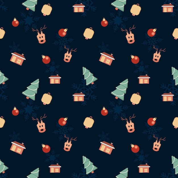 크리스마스 트리 빛나는 공 사슴 머리 벨 하우스 벡터 둥근 모서리 테마 원활한 패턴 배경에 굴뚝이 있는 겨울 휴가 패브릭 giftwrap 스크랩북 인사말 카드 디자인에 가장 적합