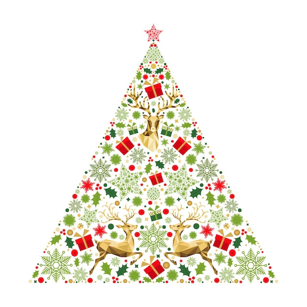 Albero di natale. decorazione dorata, rossa, verde, bianca. felice anno nuovo sfondo. modello colorato con renne di natale in oro, regali, fiocchi di neve. cartolina d'auguri di vettore.