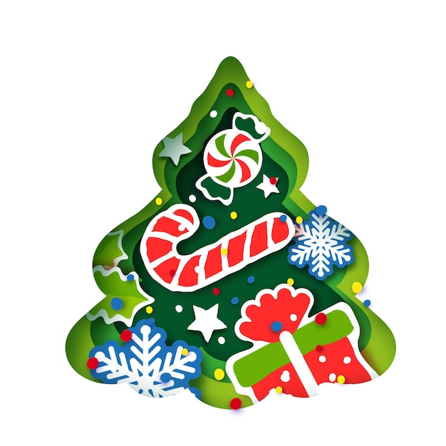 Vector christmas tree greeting card. happy new year and merry christmas. winter holidays paper craft style. green tree frame - sweet lollipop and gift. snowflakes and holly. vector.