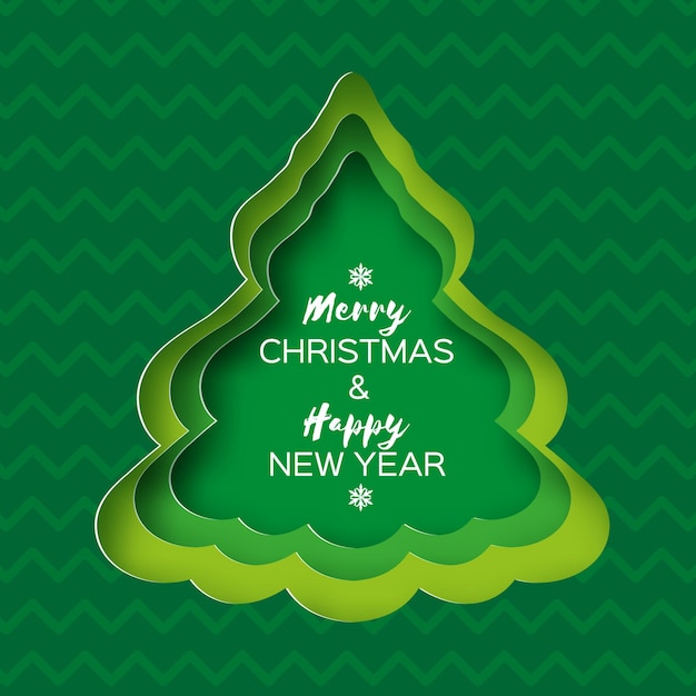 Christmas tree greeting card. happy new year and merry christmas. winter holidays paper craft style. green. vector.