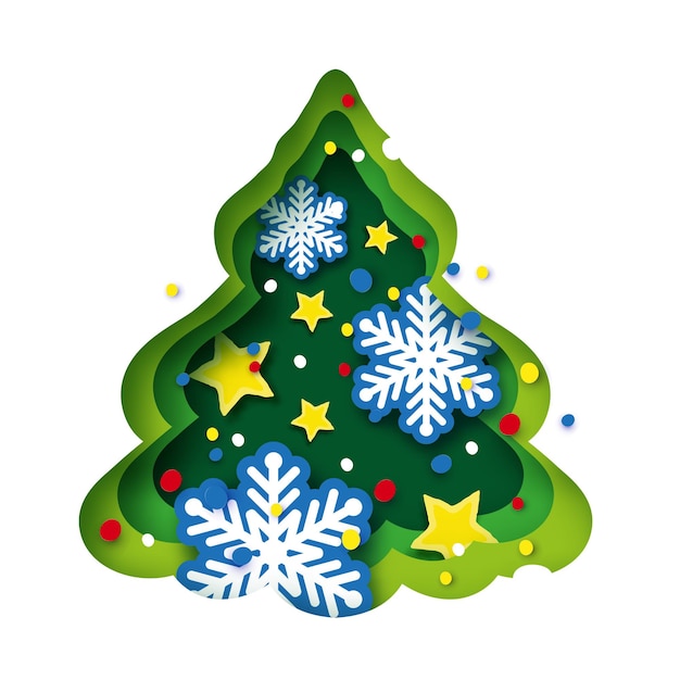 Christmas Tree Greeting card with Stars and Snowflakes. Happy New Year and Merry Christmas. Winter Holidays paper craft style. Vector.