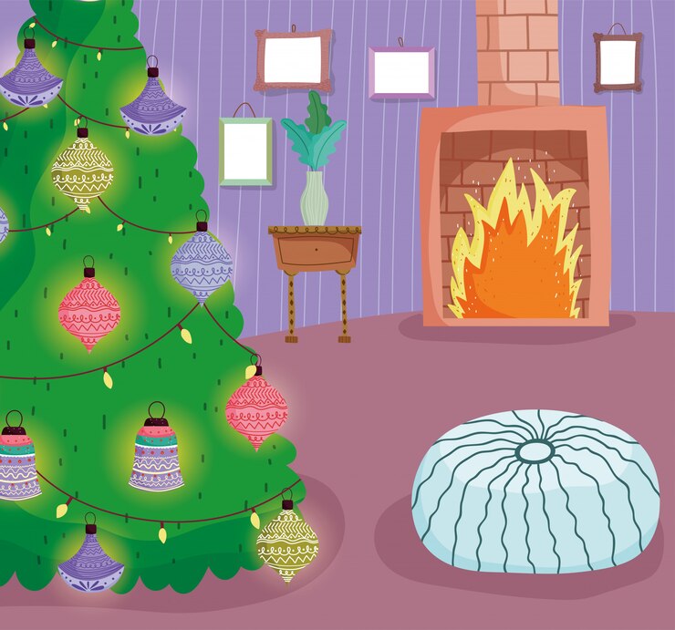 Vector christmas tree home balls lights chimney cushion