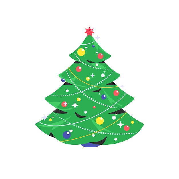 Christmas tree icon. Flat vector symbol of decorated green xmas tree for celebrating merry christmas and happy new year. Holiday symbol isolated on white background