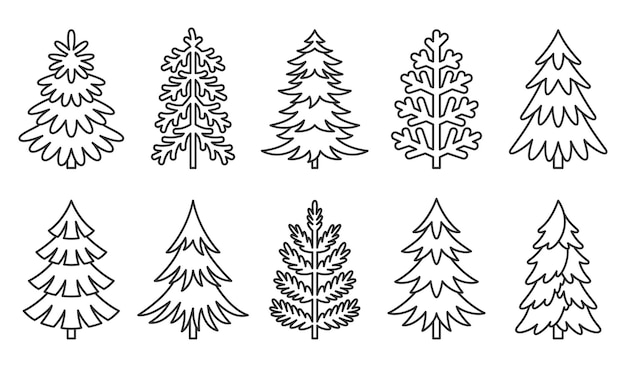 Christmas tree icon nature simple black line set Holiday object linear pattern card sticker different shape Forest evergreen sticker collage decor new year advertising elegant outline isolated white