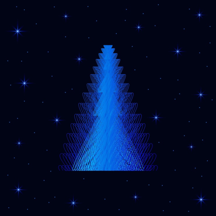 Vector christmas tree is modern unusual beautiful needles up on dark background with stars