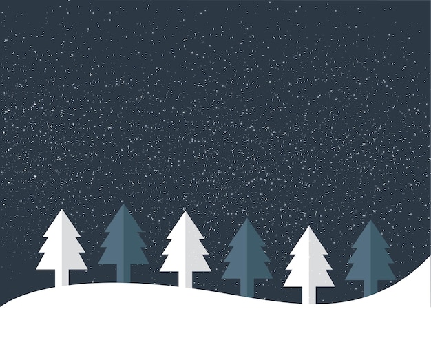 Albero di natale fiocchi di neve che cadono nella notte design semplicemente piatto