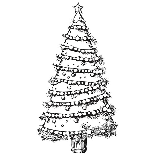Vector christmas tree line art hand drawn sketch in vintage style artistic expression imagery concept for f