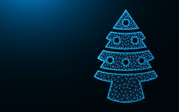 Albero di natale basso poli design, abete rosso con immagine geometrica astratta di giocattoli, illustrazione poligonale di vettore della maglia wireframe fatta da punti e linee