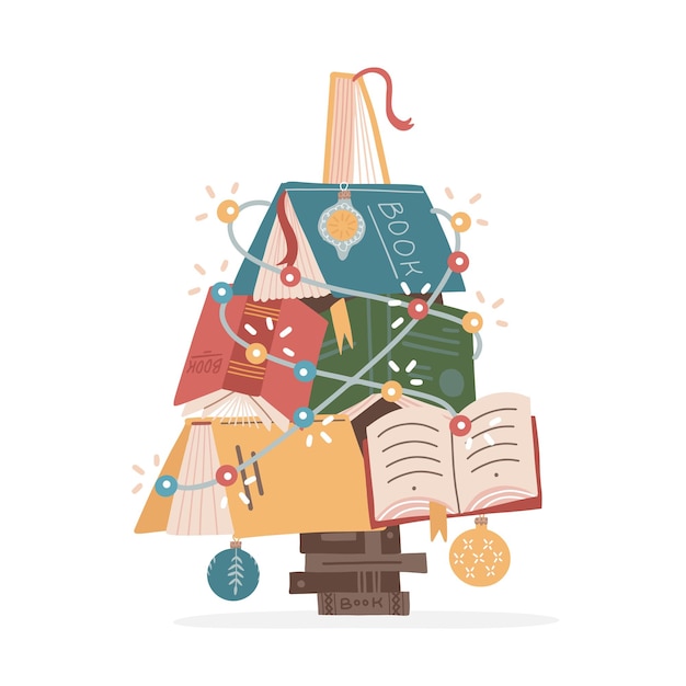 Albero di natale fatto di libri colorati e palline di natale e ghirlanda carino design luminoso di libri casa li...