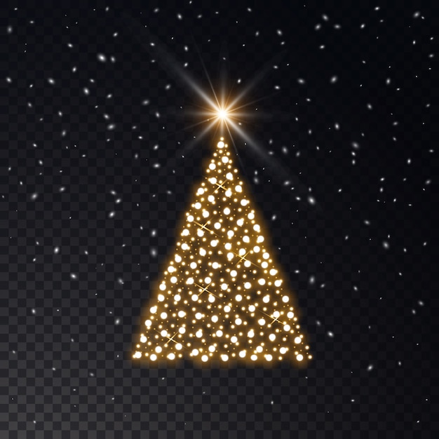 Vector christmas tree made of golden lights on a transparent background.