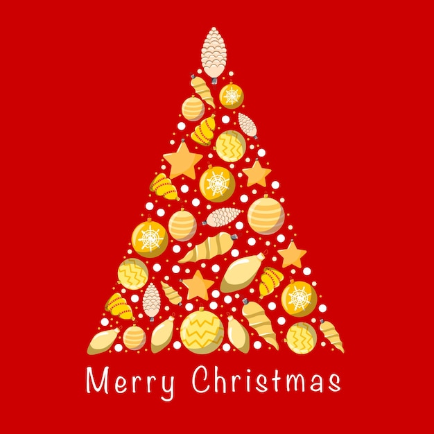 Christmas tree made of golden toys on a red background.