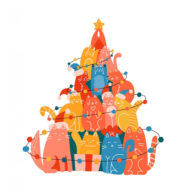 多くの面白い猫で作られたクリスマスツリー。新年のグリーティングカードイラスト。フラットとラインの手描きイラスト。