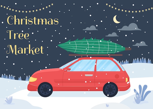 ベクトル クリスマスツリー市場フラットテンプレート。明けましておめでとうございます。季節限定セール。冬休みフェアチラシ、チラシ