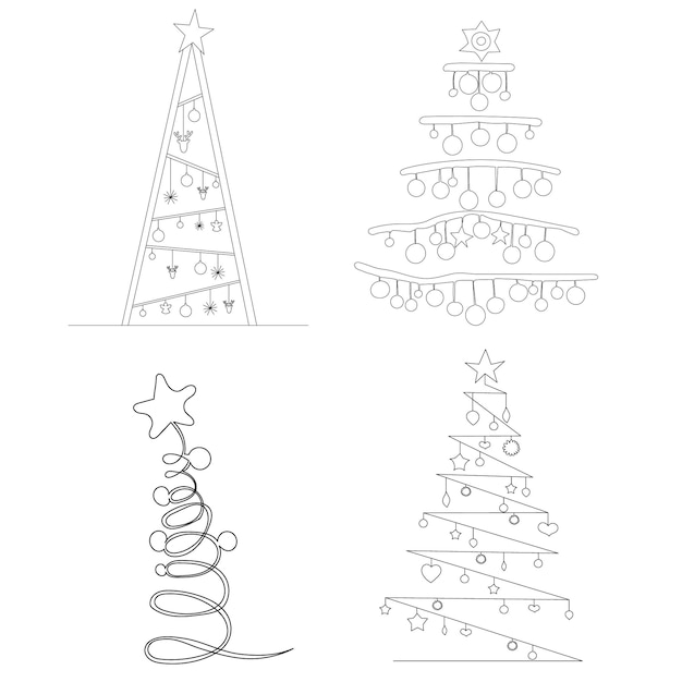 Christmas tree one line drawing sketch set