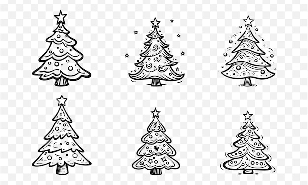 Insieme di set di vettore di schizzo di doodle di contorno dell'albero di natale