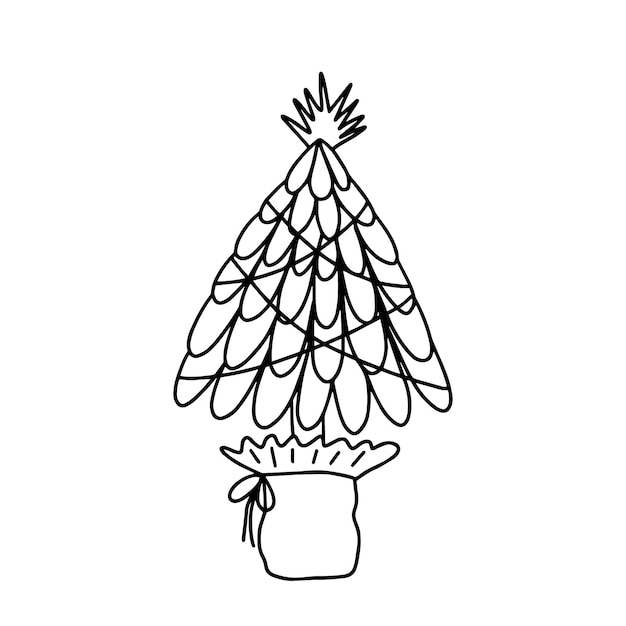 Albero di natale in vaso vettoriale doodle clip art illustrazione dell'albero di natale disegnato a mano