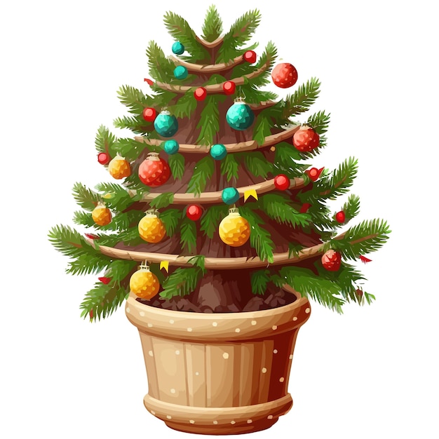 Christmas tree in pot on a white background Handdrawn illustration isolated on white background in boho style