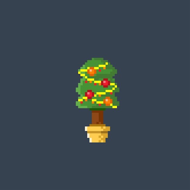 Vector christmas tree in the pot with pixel art style