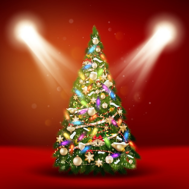 Christmas tree on red background.