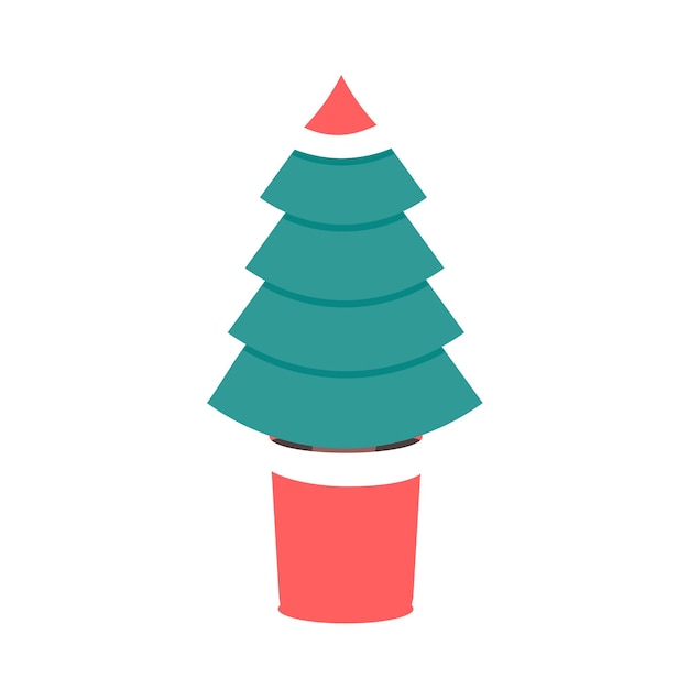 Christmas tree in red pot with Christmas hat decoration Vector illustration isolated on white bg