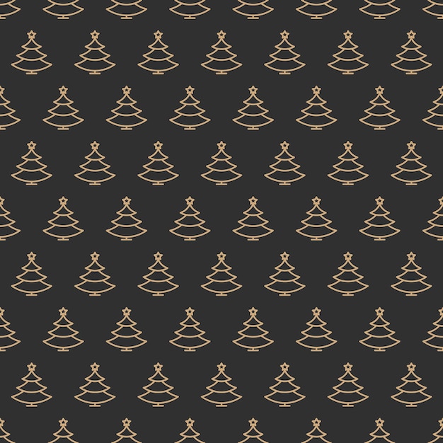 Vector christmas tree seamless pattern gold color line style on black background