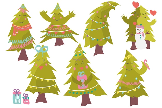 Christmas tree set in cartoon style vibrant set featuring a delightful array of christmas trees