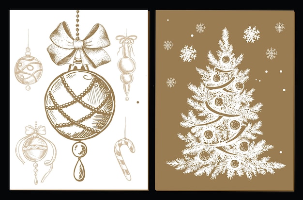 Vector christmas tree set. christmas ball set. hand drawn illustration.