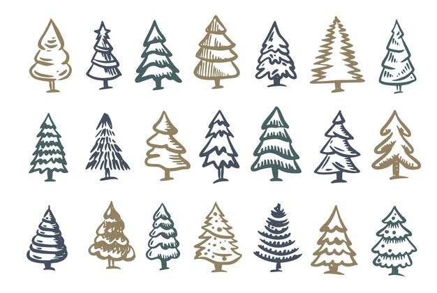 Set albero di natale illustrazioni disegnate a mano