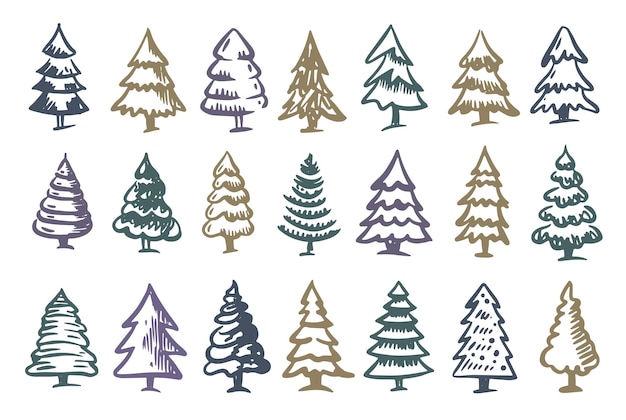 Christmas tree set Hand drawn illustrations