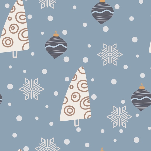 Christmas tree and snowflake seamless pattern New Year Vector illustration in Scandinavian style