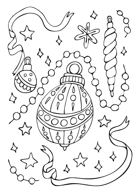 Christmas tree toy ball beads coloring book Hand drawn sketch illustration for children and adults