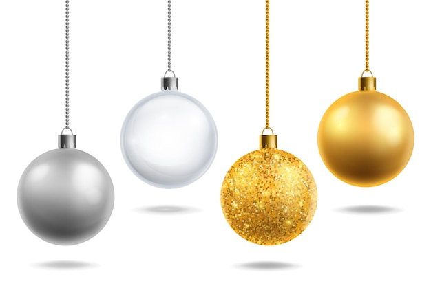 Christmas tree toys realistic Transparent glass silver and golden with glitter balls hang Round shiny xmas decor objects Christmas decoration Horizontal new year poster Vector 3d isolated set