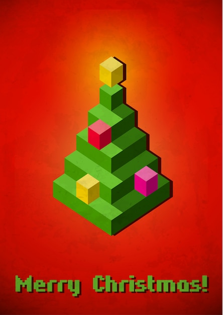 Vector christmas tree vintage card made of 3d pixels