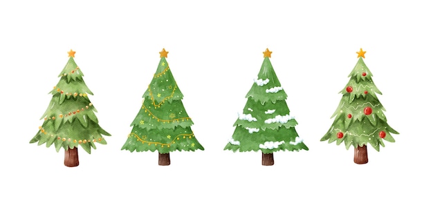 Collezione di acquerelli dell'albero di natale set di alberi di pino verde per merry christmas winter card simpatico cartone animato della foresta di alberi isolato su sfondo bianco illustrazione vettoriale