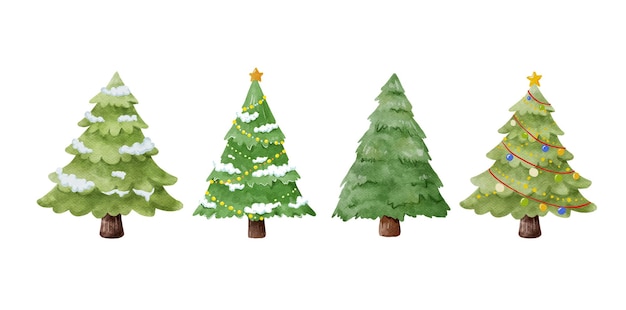 Christmas tree watercolor collection set of pine green tree for merry christmas winter card cute tree forest cartoon isolated on white background vector illustration