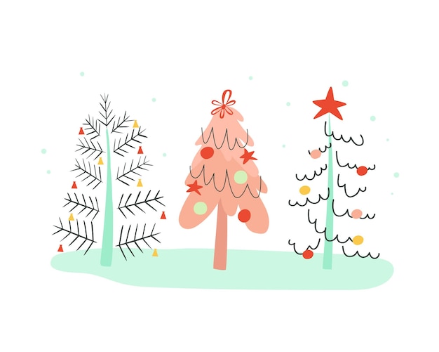 Albero di natale nella foresta invernale. cartolina d'auguri disegno vettoriale