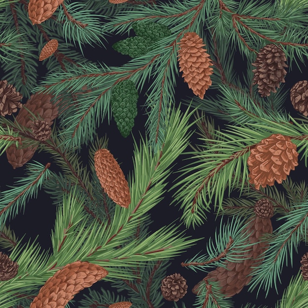 Christmas tree with brown cones hand drawn seamless pattern. realistic fir branches, green pine. new year decorative print. floral background. stylish botanical wallpaper, wrapping paper vector design