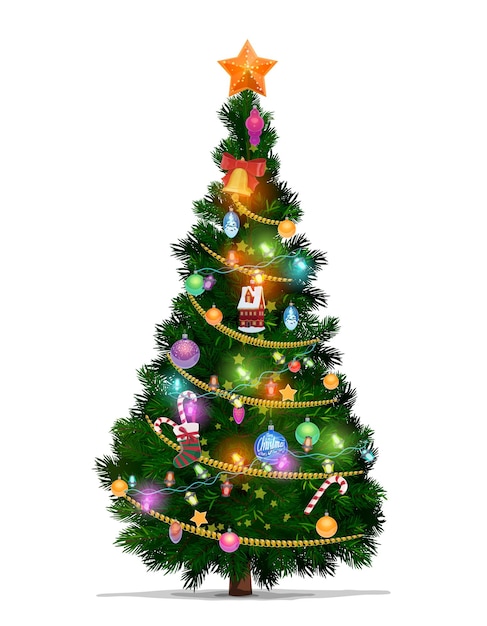 Christmas tree with cartoon xmas star, balls and new year gifts. christmas fir or pine tree, decorated with xmas ornaments, glowing lights, canes and stocking, bell, ribbon and serpentine