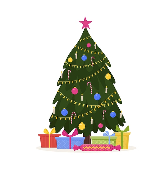 christmas tree with decoration candles star candy balls and golden lamps on a white background colorful gift boxes under the fir