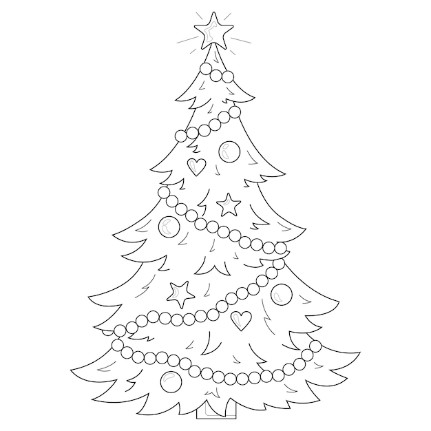 Albero di natale con decorazioni. natale. anno nuovo. libro da colorare antistress per bambini e adulti. illustrazione isolato su sfondo bianco. stile zen-groviglio.