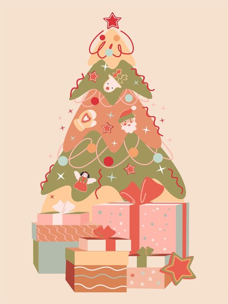 Christmas tree with decorations and gifts. christmas and new year celebration concept.