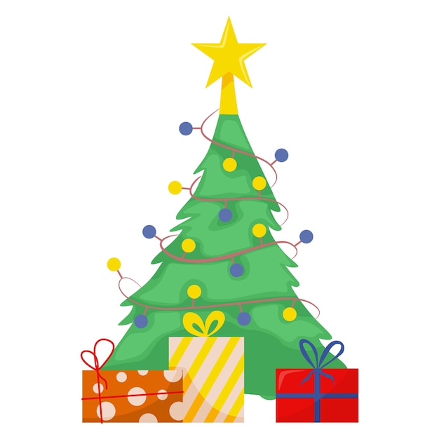 Рождественская елка с подарками и огнями, изолированные на белом фоне. символ нового года и рождества.