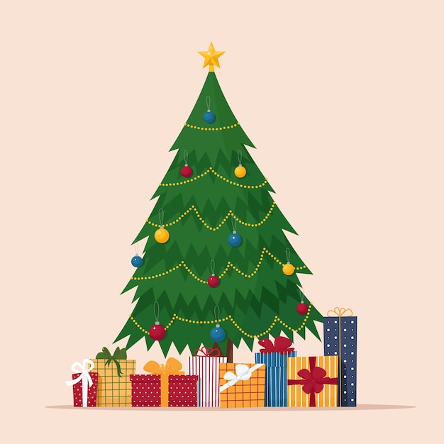 Christmas tree with gifts boxes.   in flat style
