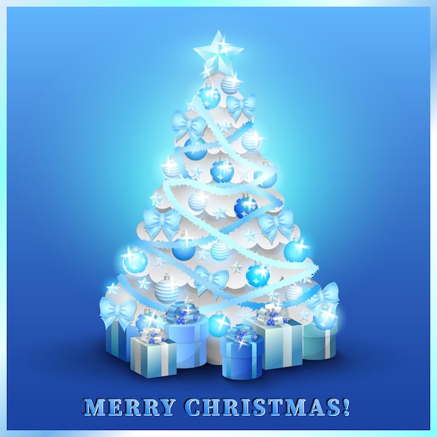 시안색 그라데이션 배경에 선물이 있는 크리스마스 트리입니다. 실버 전나무와 밝은 크리스마스 인사말 카드