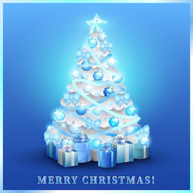 Christmas tree with gifts on cyan gradient background. bright xmas greeting card with silver fir