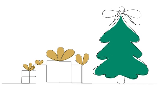 Christmas tree with gifts one continuous line drawing