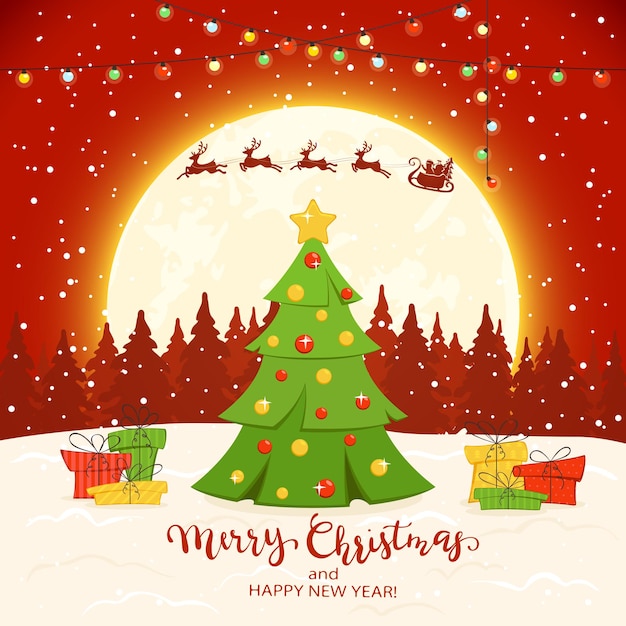 Christmas tree with gifts on red winter background with lettering Merry Christmas and Happy New Year, illustration.