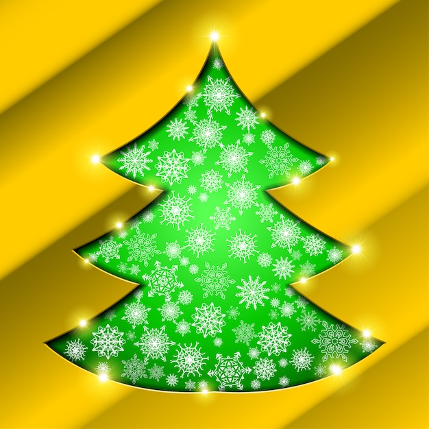 Christmas tree with golden border, snowflakes and sparkles